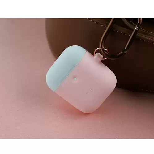 Чехол Elago DUO Hang Wireless case для AirPods, карабин, силикон, розовый с крышками белый и голубой