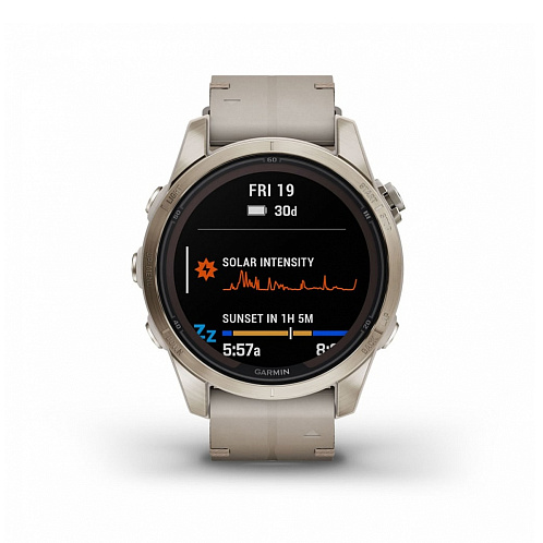 Умные часы Garmin Fenix 7S Pro Sapphire Solar, золотистый корпус, ремешок - кожа, бежевый