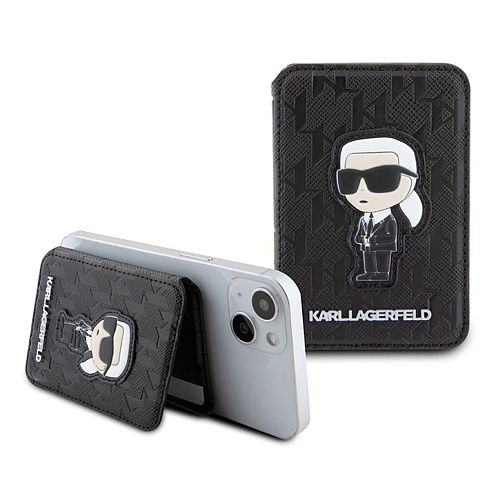 Чехол-бумажник Lagerfeld Wallet MagSafe Cardslot Stand Saffiano Monogram NFT Karl, черный